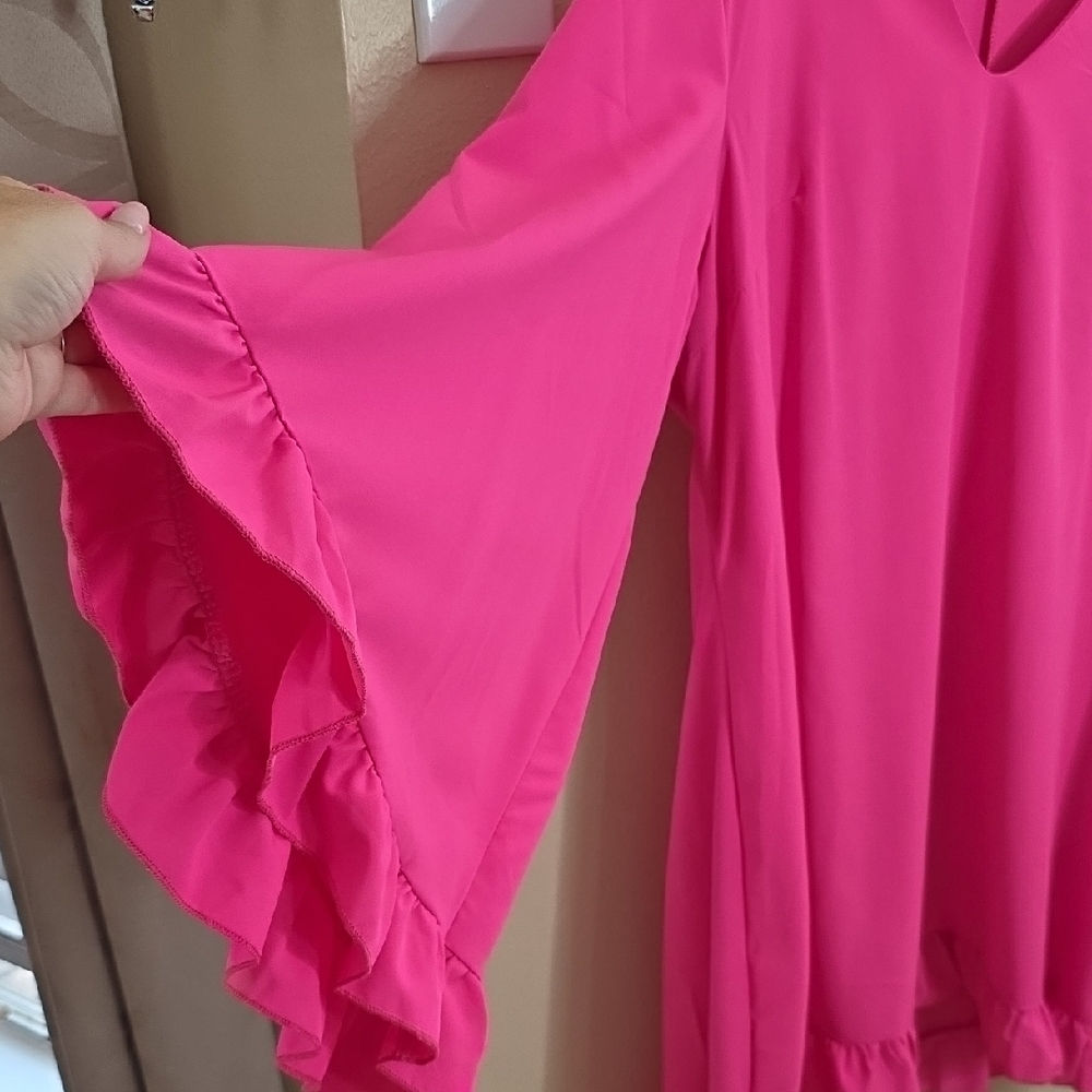 Hot Pink Bell Sleeve Boho Ruffle  Hem Shift Dress V-Neck Mini Size2XL Barbiecore - Picture 5 of 8